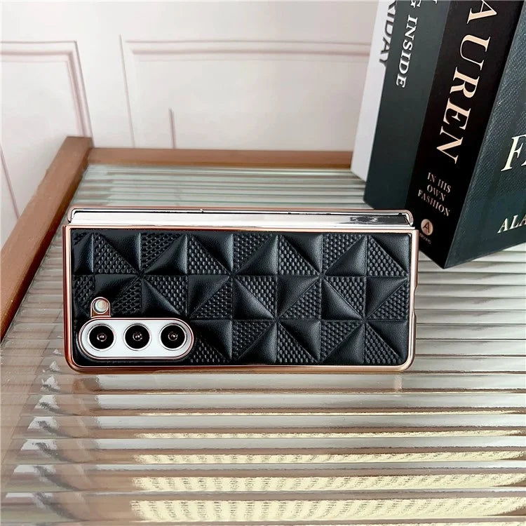 For Samsung Galaxy Z Fold6 5G Case Grid Pattern PU Leather+PC Electroplating Phone Cover