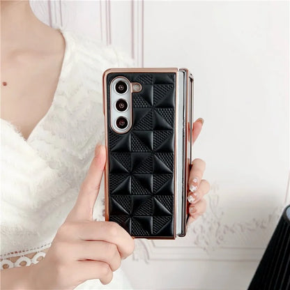 For Samsung Galaxy Z Fold6 5G Case Grid Pattern PU Leather+PC Electroplating Phone Cover