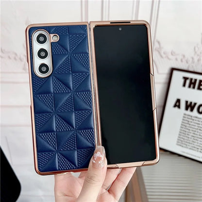 For Samsung Galaxy Z Fold6 5G Case Grid Pattern PU Leather+PC Electroplating Phone Cover