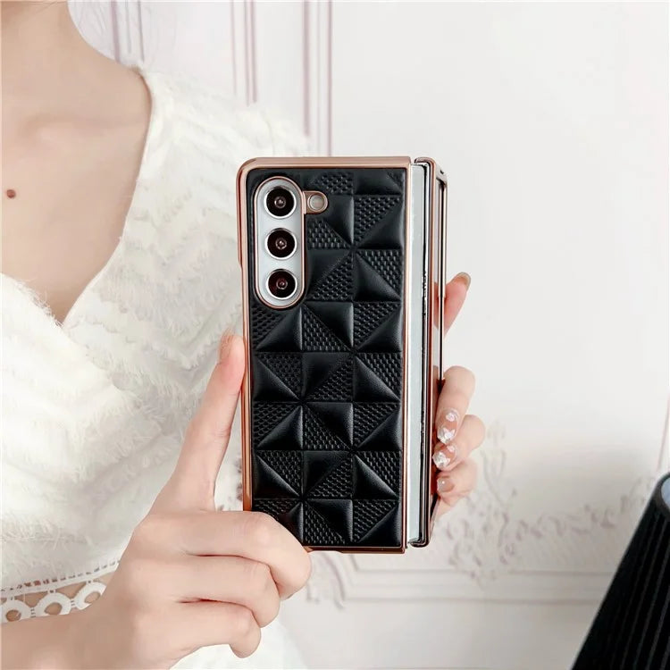 For Samsung Galaxy Z Fold6 5G Case Grid Pattern PU Leather+PC Electroplating Phone Cover