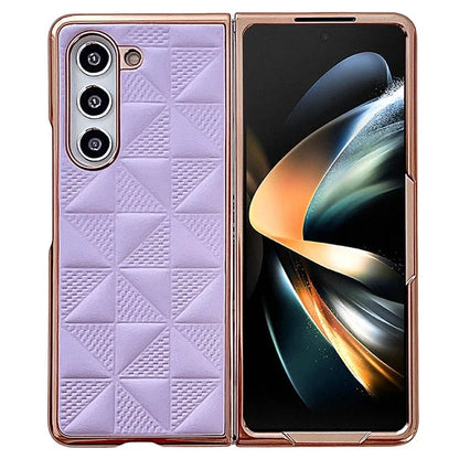 For Samsung Galaxy Z Fold6 5G Case Grid Pattern PU Leather+PC Electroplating Phone Cover