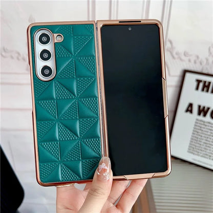 For Samsung Galaxy Z Fold6 5G Case Grid Pattern PU Leather+PC Electroplating Phone Cover