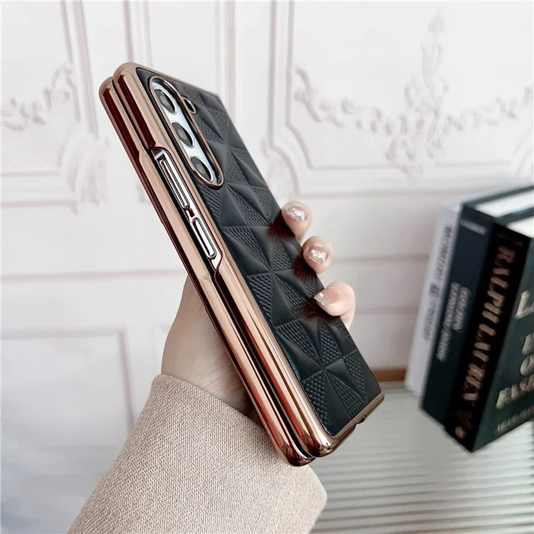 For Samsung Galaxy Z Fold6 5G Case Grid Pattern PU Leather+PC Electroplating Phone Cover