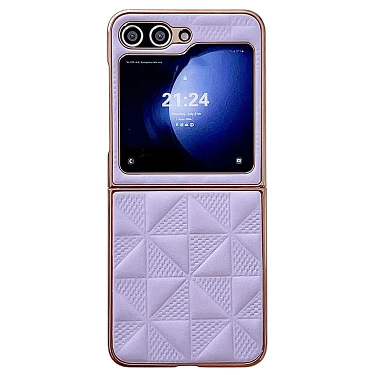 For Samsung Galaxy Z Flip6 5G Case Electroplating Frame Leather + PC Grid Texture Phone Cover