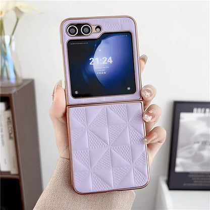 For Samsung Galaxy Z Flip6 5G Case Electroplating Frame Leather + PC Grid Texture Phone Cover