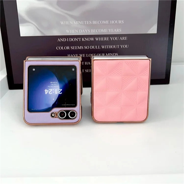 For Samsung Galaxy Z Flip6 5G Case Electroplating Frame Leather + PC Grid Texture Phone Cover