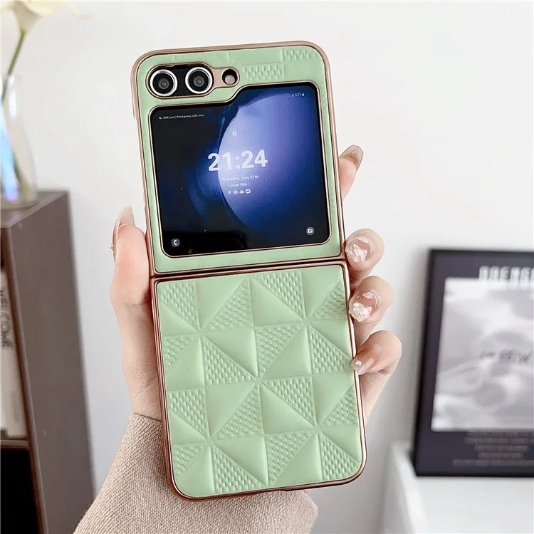 For Samsung Galaxy Z Flip6 5G Case Electroplating Frame Leather + PC Grid Texture Phone Cover