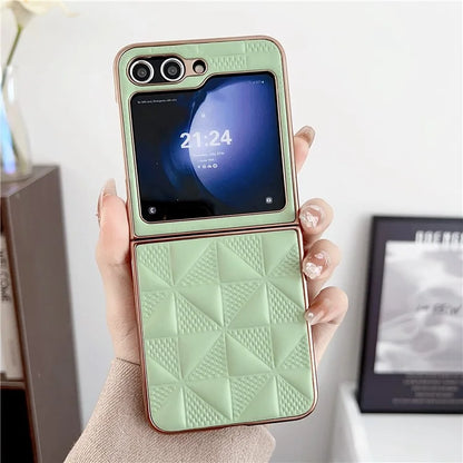For Samsung Galaxy Z Flip6 5G Case Electroplating Frame Leather + PC Grid Texture Phone Cover
