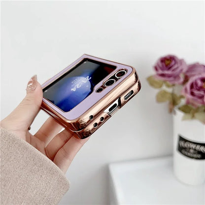 For Samsung Galaxy Z Flip6 5G Case Electroplating Frame Leather + PC Grid Texture Phone Cover