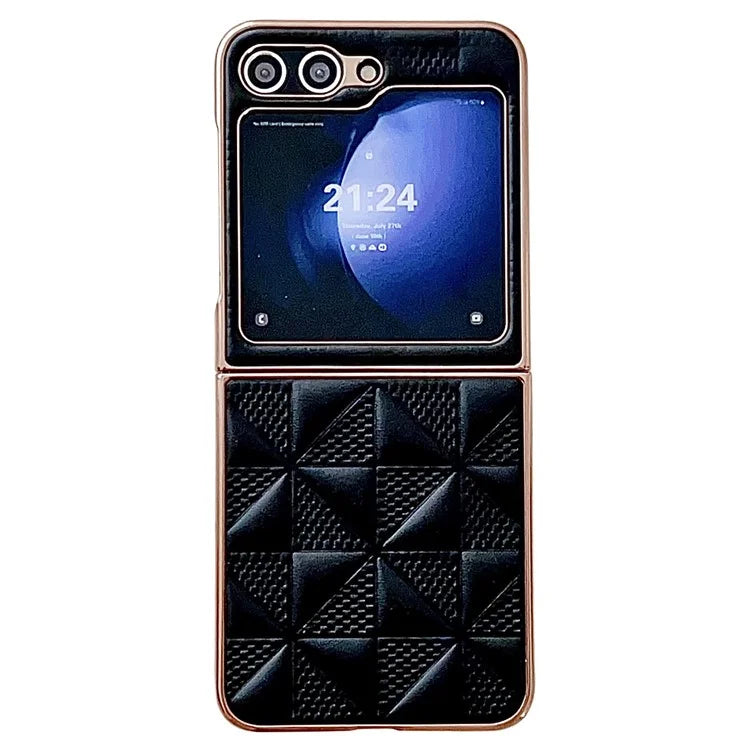 For Samsung Galaxy Z Flip6 5G Case Electroplating Frame Leather + PC Grid Texture Phone Cover