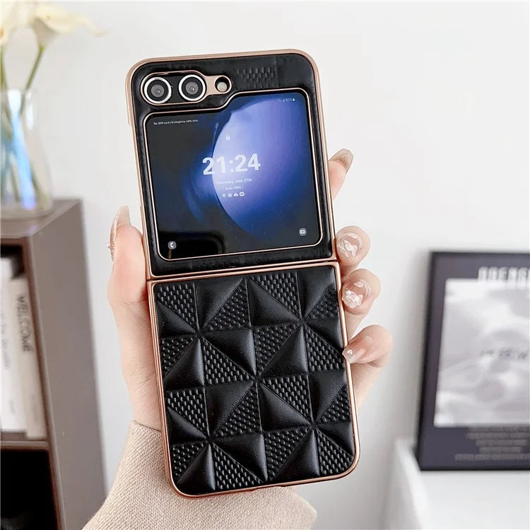 For Samsung Galaxy Z Flip6 5G Case Electroplating Frame Leather + PC Grid Texture Phone Cover