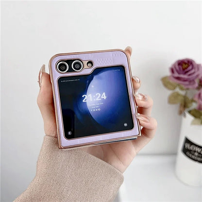 For Samsung Galaxy Z Flip6 5G Case Electroplating Frame Leather + PC Grid Texture Phone Cover