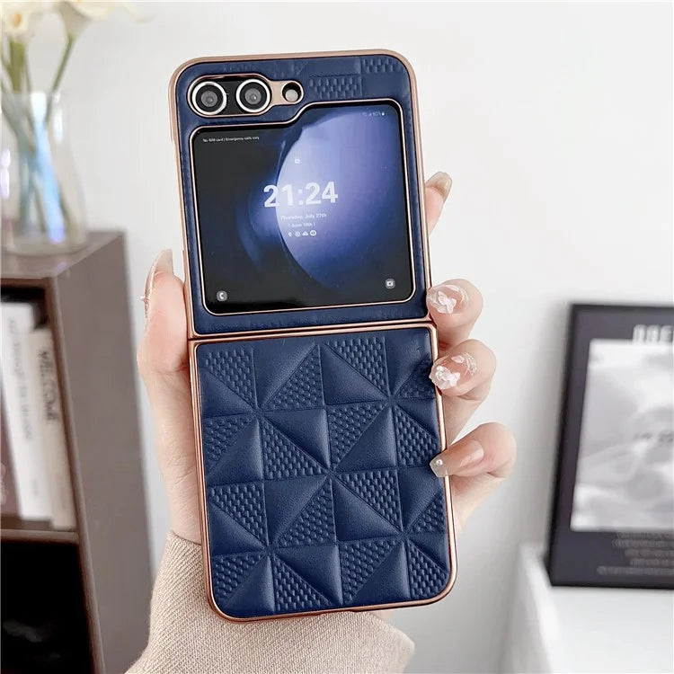 For Samsung Galaxy Z Flip6 5G Case Electroplating Frame Leather + PC Grid Texture Phone Cover
