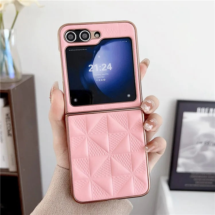 For Samsung Galaxy Z Flip6 5G Case Electroplating Frame Leather + PC Grid Texture Phone Cover