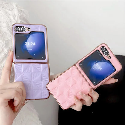 For Samsung Galaxy Z Flip6 5G Case Electroplating Frame Leather + PC Grid Texture Phone Cover