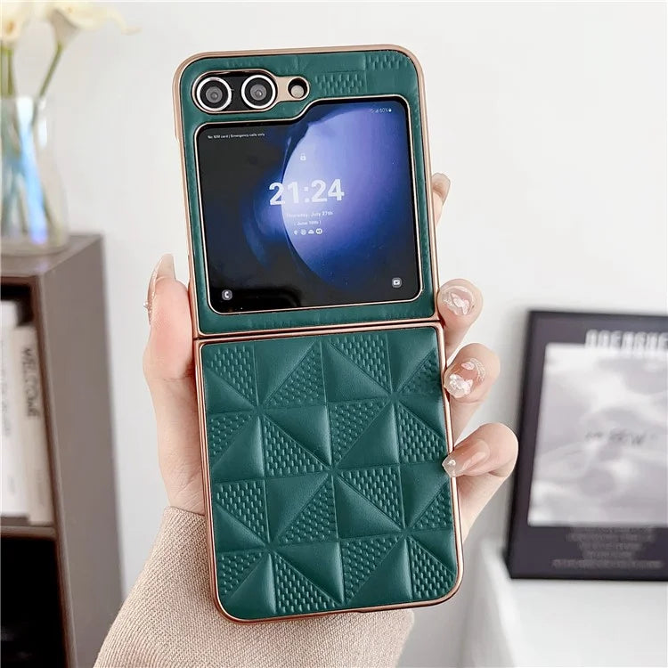 For Samsung Galaxy Z Flip6 5G Case Electroplating Frame Leather + PC Grid Texture Phone Cover