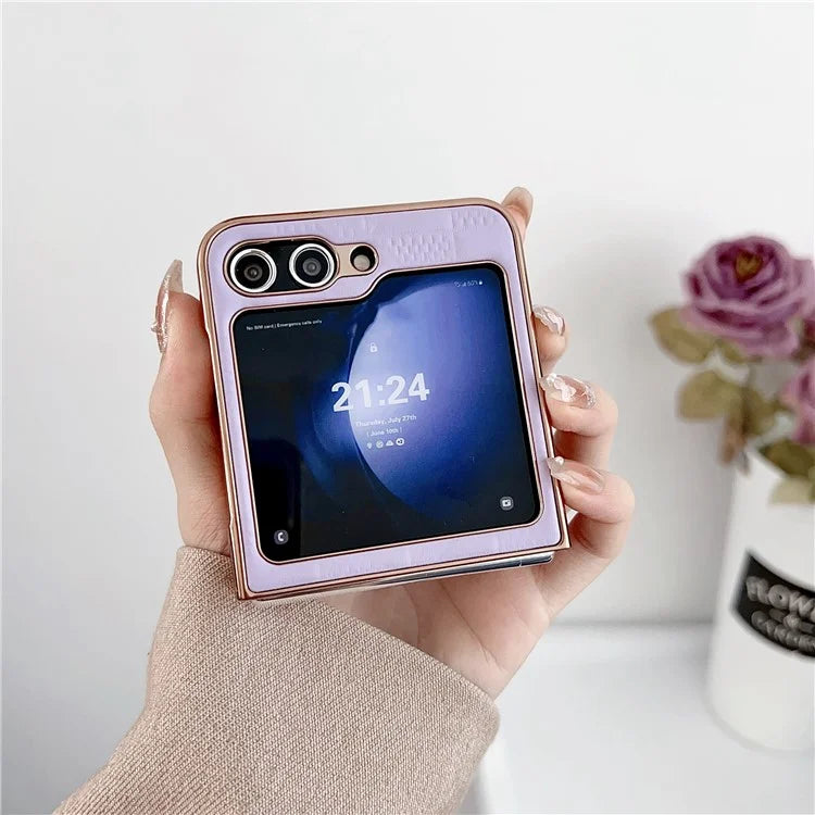 For Samsung Galaxy Z Flip6 5G Case Electroplating Frame Leather + PC Grid Texture Phone Cover