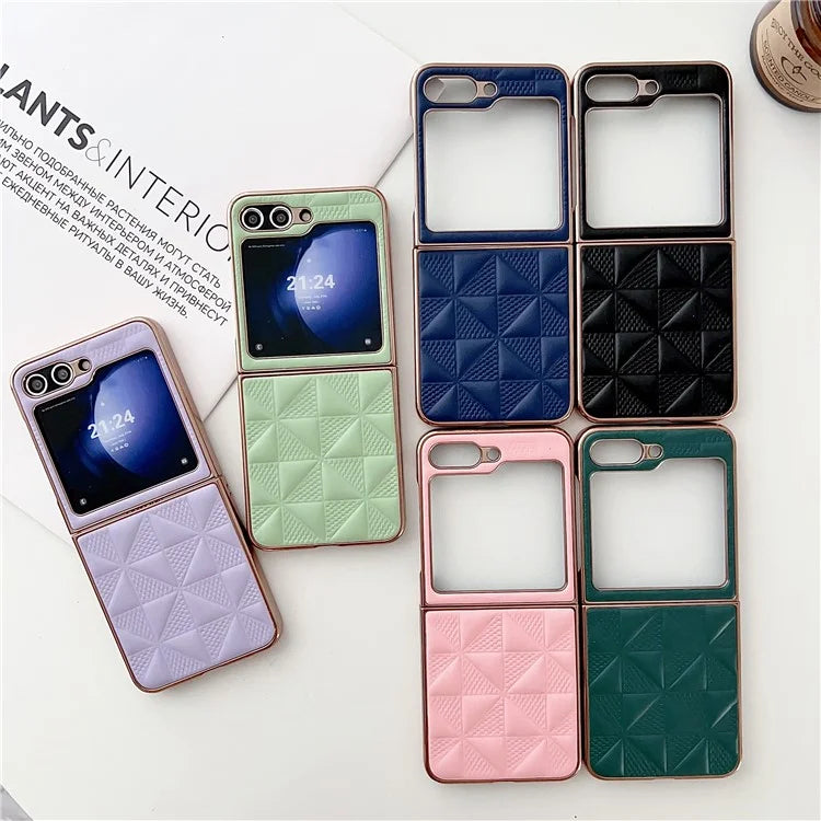 For Samsung Galaxy Z Flip6 5G Case Electroplating Frame Leather + PC Grid Texture Phone Cover
