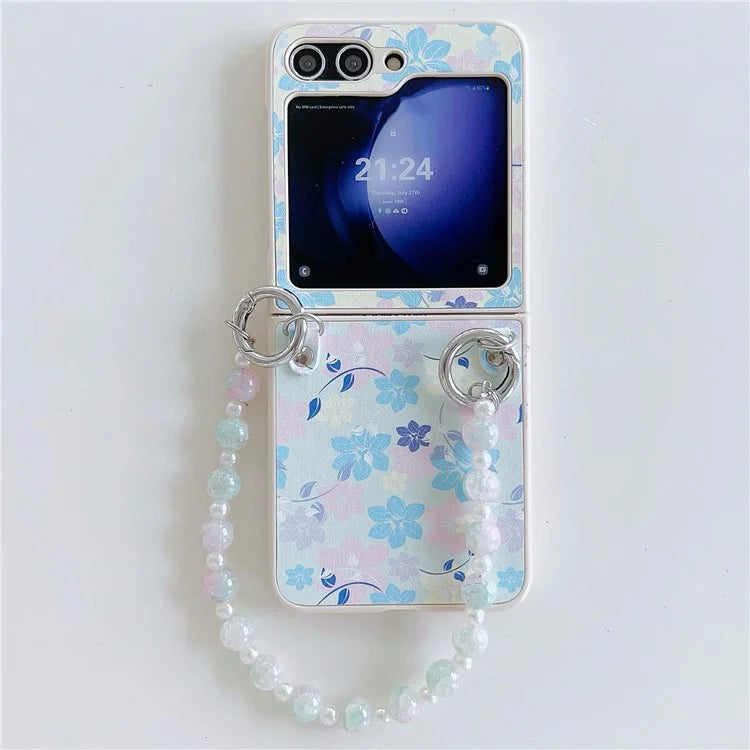 For Samsung Galaxy Z Flip5 5G Folding Phone Case Flower Pattern PU+PC Cover with Beaded Hand Strap