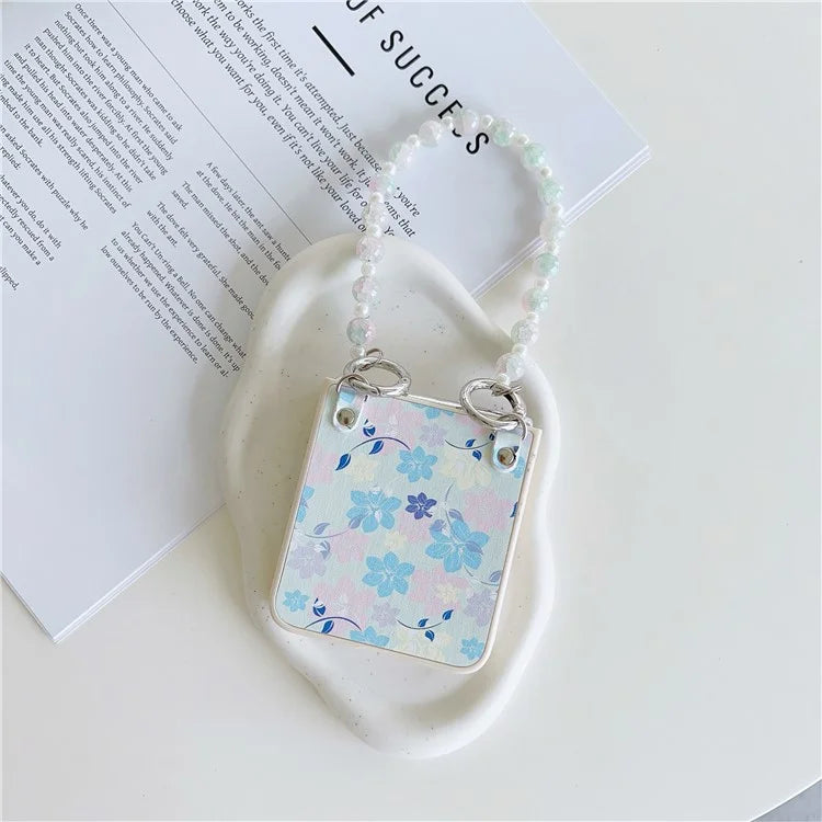 For Samsung Galaxy Z Flip5 5G Folding Phone Case Flower Pattern PU+PC Cover with Beaded Hand Strap