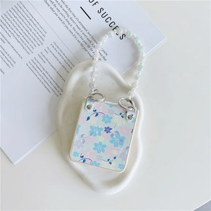 For Samsung Galaxy Z Flip5 5G Folding Phone Case Flower Pattern PU+PC Cover with Beaded Hand Strap