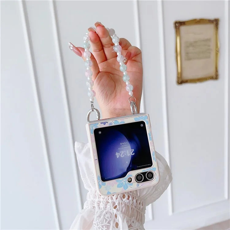 For Samsung Galaxy Z Flip5 5G Folding Phone Case Flower Pattern PU+PC Cover with Beaded Hand Strap