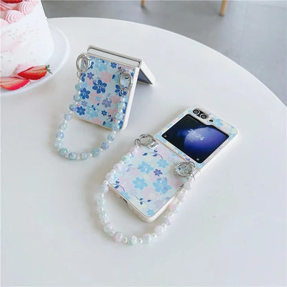 For Samsung Galaxy Z Flip5 5G Folding Phone Case Flower Pattern PU+PC Cover with Beaded Hand Strap