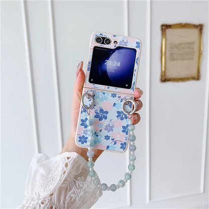 For Samsung Galaxy Z Flip5 5G Folding Phone Case Flower Pattern PU+PC Cover with Beaded Hand Strap