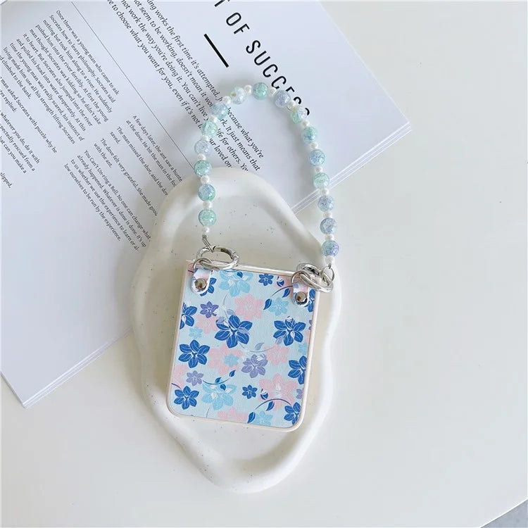 For Samsung Galaxy Z Flip5 5G Folding Phone Case Flower Pattern PU+PC Cover with Beaded Hand Strap