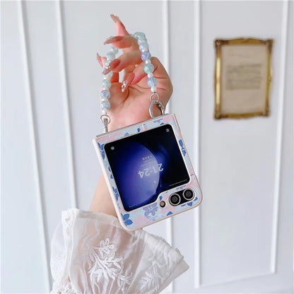 For Samsung Galaxy Z Flip5 5G Folding Phone Case Flower Pattern PU+PC Cover with Beaded Hand Strap