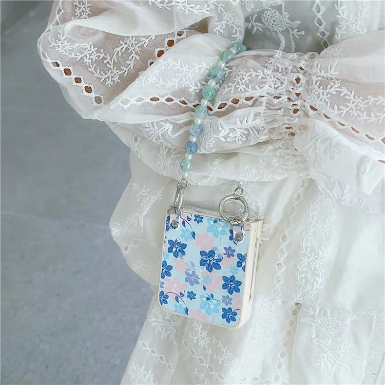 For Samsung Galaxy Z Flip5 5G Folding Phone Case Flower Pattern PU+PC Cover with Beaded Hand Strap
