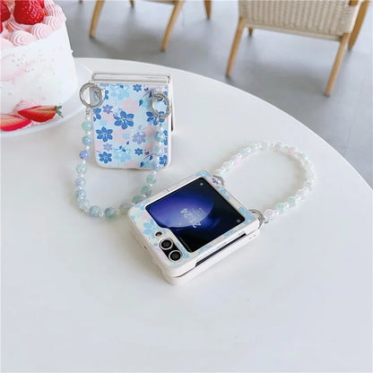 For Samsung Galaxy Z Flip5 5G Folding Phone Case Flower Pattern PU+PC Cover with Beaded Hand Strap