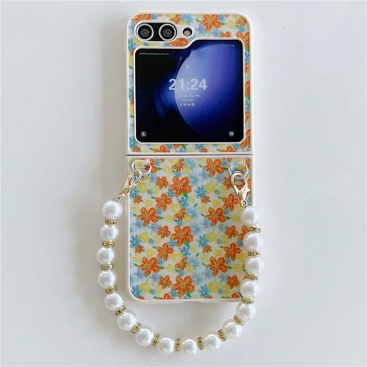 For Samsung Galaxy Z Flip5 5G Folding Phone Case Flower Pattern PU+PC Cover with Beaded Hand Strap