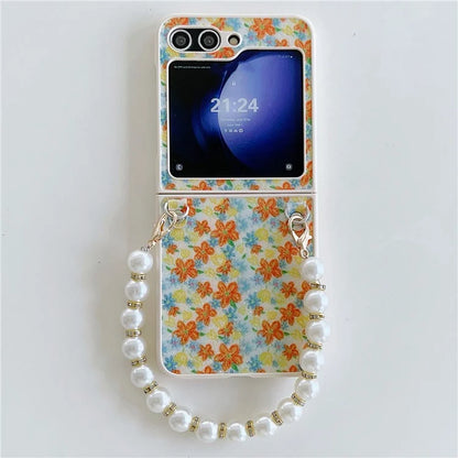 For Samsung Galaxy Z Flip5 5G Folding Phone Case Flower Pattern PU+PC Cover with Beaded Hand Strap
