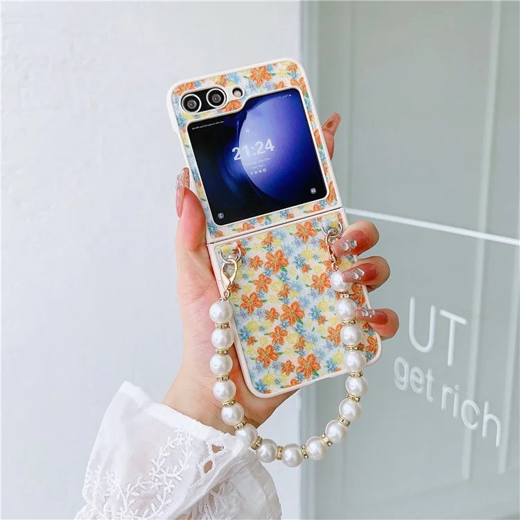 For Samsung Galaxy Z Flip5 5G Folding Phone Case Flower Pattern PU+PC Cover with Beaded Hand Strap