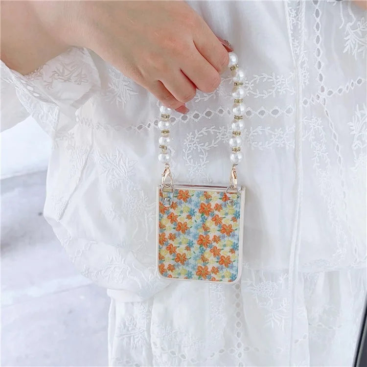 For Samsung Galaxy Z Flip5 5G Folding Phone Case Flower Pattern PU+PC Cover with Beaded Hand Strap
