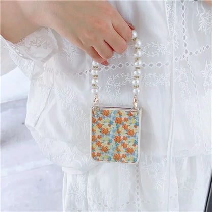 For Samsung Galaxy Z Flip5 5G Folding Phone Case Flower Pattern PU+PC Cover with Beaded Hand Strap