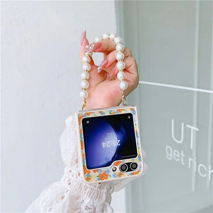 For Samsung Galaxy Z Flip5 5G Folding Phone Case Flower Pattern PU+PC Cover with Beaded Hand Strap