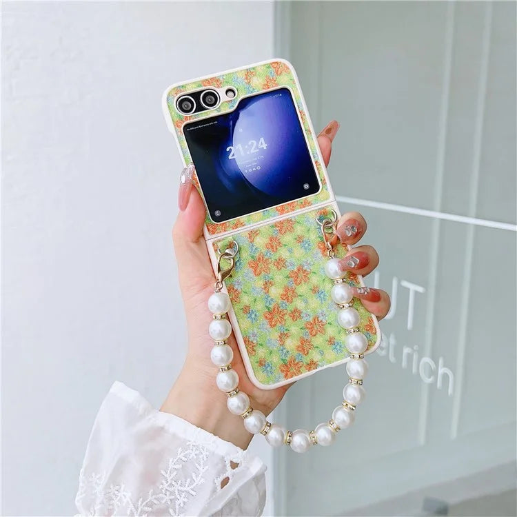 For Samsung Galaxy Z Flip5 5G Folding Phone Case Flower Pattern PU+PC Cover with Beaded Hand Strap