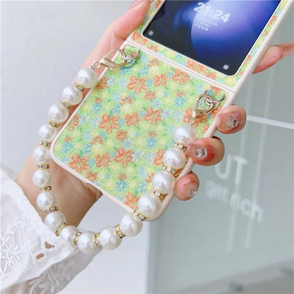 For Samsung Galaxy Z Flip5 5G Folding Phone Case Flower Pattern PU+PC Cover with Beaded Hand Strap