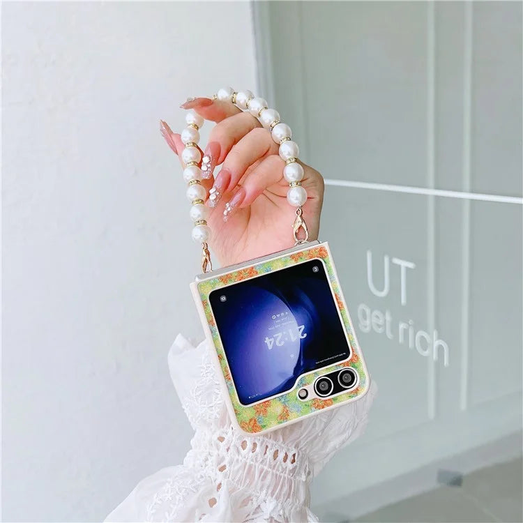 For Samsung Galaxy Z Flip5 5G Folding Phone Case Flower Pattern PU+PC Cover with Beaded Hand Strap