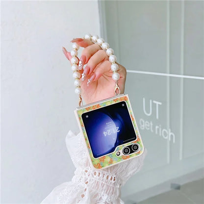For Samsung Galaxy Z Flip5 5G Folding Phone Case Flower Pattern PU+PC Cover with Beaded Hand Strap