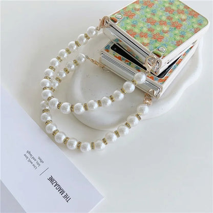 For Samsung Galaxy Z Flip5 5G Folding Phone Case Flower Pattern PU+PC Cover with Beaded Hand Strap