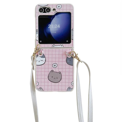 For Samsung Galaxy Z Flip5 5G Case Cartoon Cat PU+PC Phone Cover with Crossbody Strap