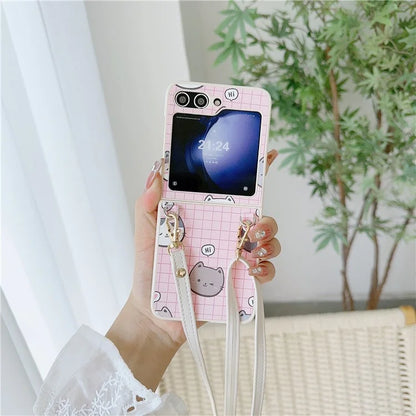 For Samsung Galaxy Z Flip5 5G Case Cartoon Cat PU+PC Phone Cover with Crossbody Strap