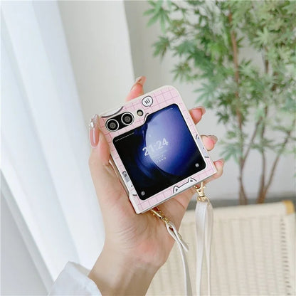 For Samsung Galaxy Z Flip5 5G Case Cartoon Cat PU+PC Phone Cover with Crossbody Strap