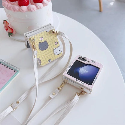 For Samsung Galaxy Z Flip5 5G Case Cartoon Cat PU+PC Phone Cover with Crossbody Strap