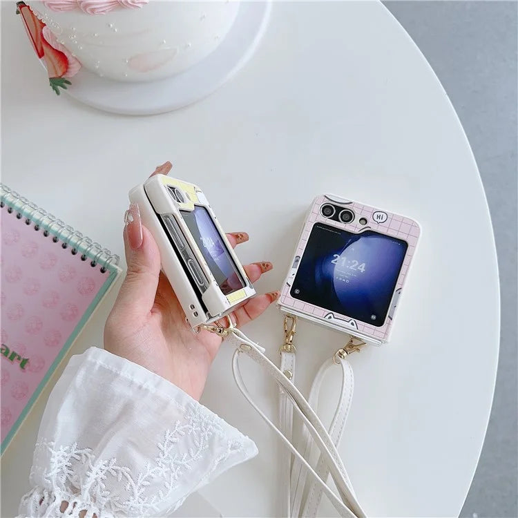 For Samsung Galaxy Z Flip5 5G Case Cartoon Cat PU+PC Phone Cover with Crossbody Strap
