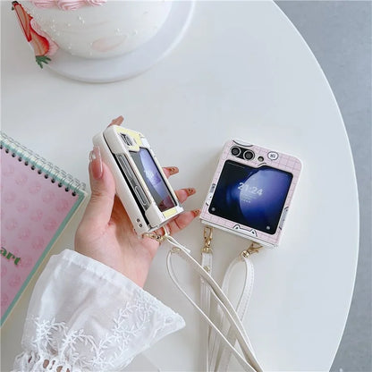 For Samsung Galaxy Z Flip5 5G Case Cartoon Cat PU+PC Phone Cover with Crossbody Strap