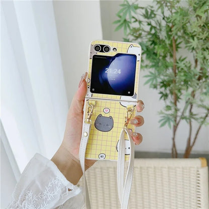 For Samsung Galaxy Z Flip5 5G Case Cartoon Cat PU+PC Phone Cover with Crossbody Strap